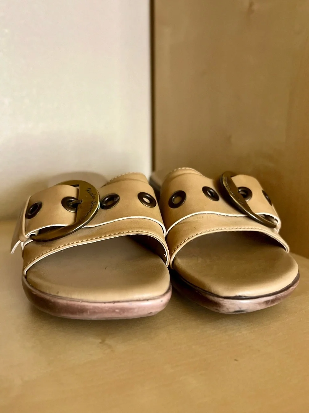 Harley-Davidson Macie Ring Tan Slide Heeled Sandals with Brass-Tone Buckle